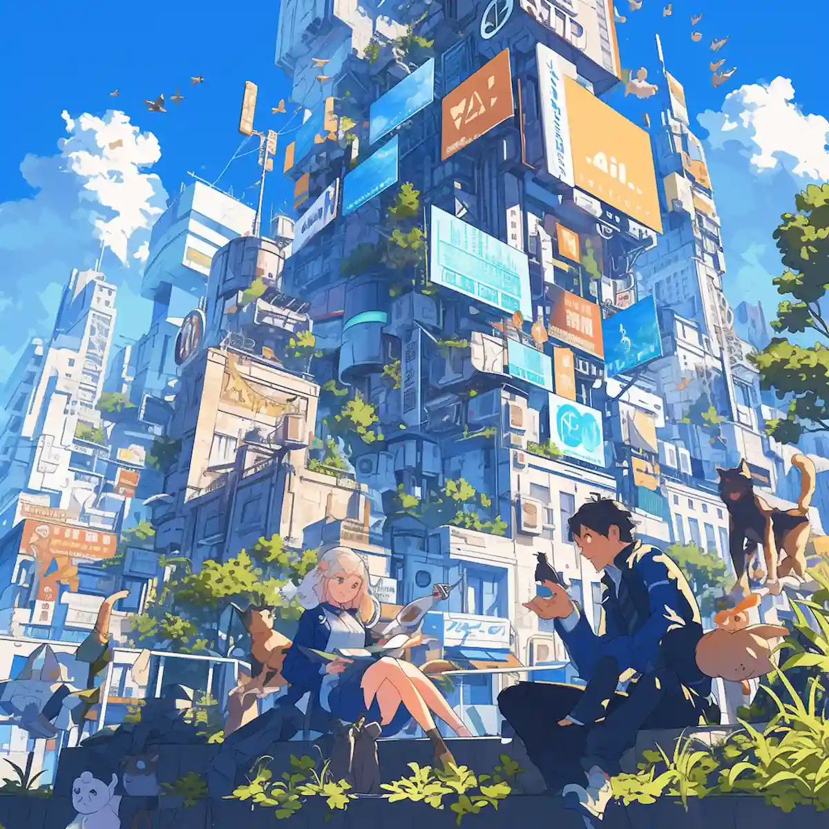 Manga-style cityscape with characters planning for AliExpress 2024 sales
