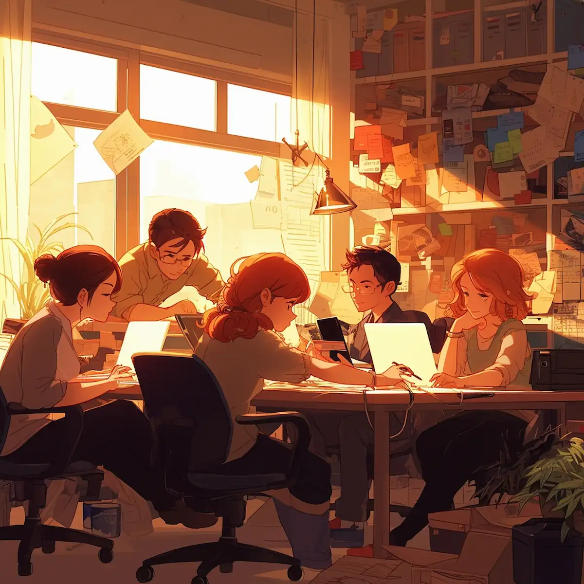 Manga-style office scene of Sale Dates Hub team working together
