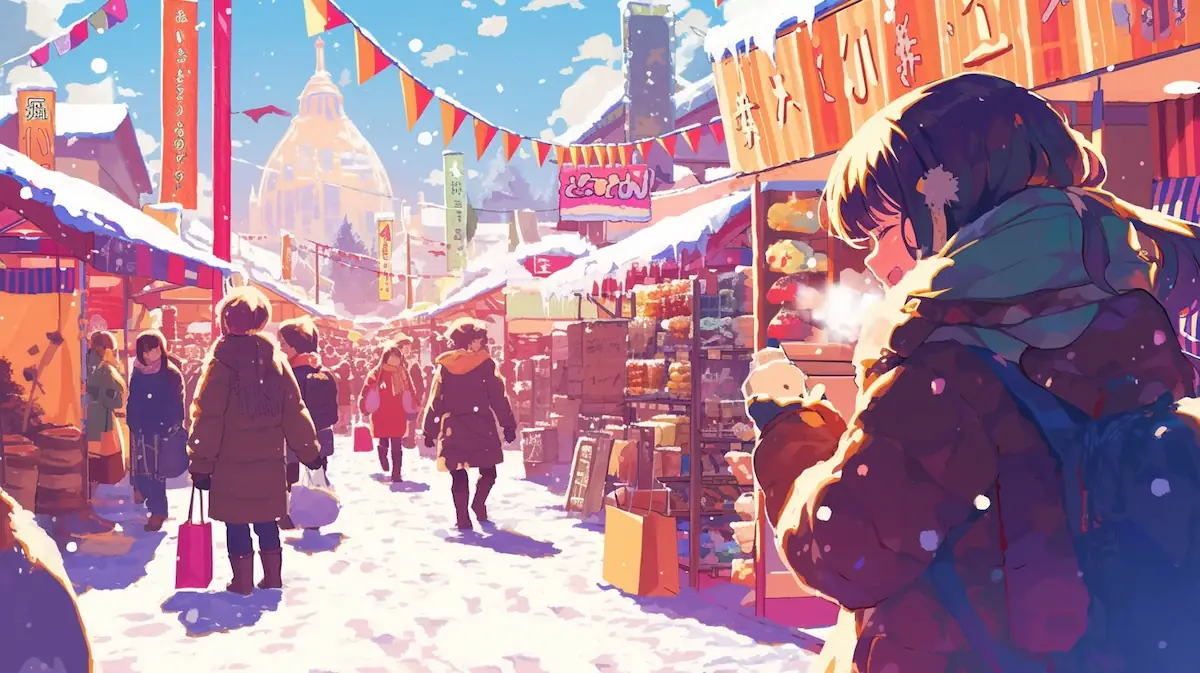Snowy outdoor market scene for AliExpress Winter Sale