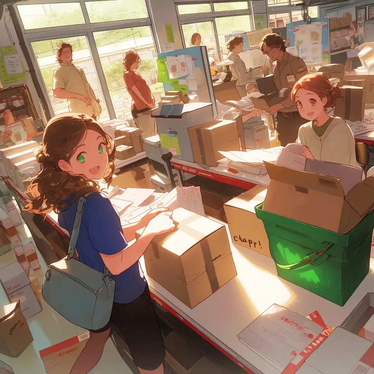 Manga-style post office scene highlighting communication for Sale Dates Hub