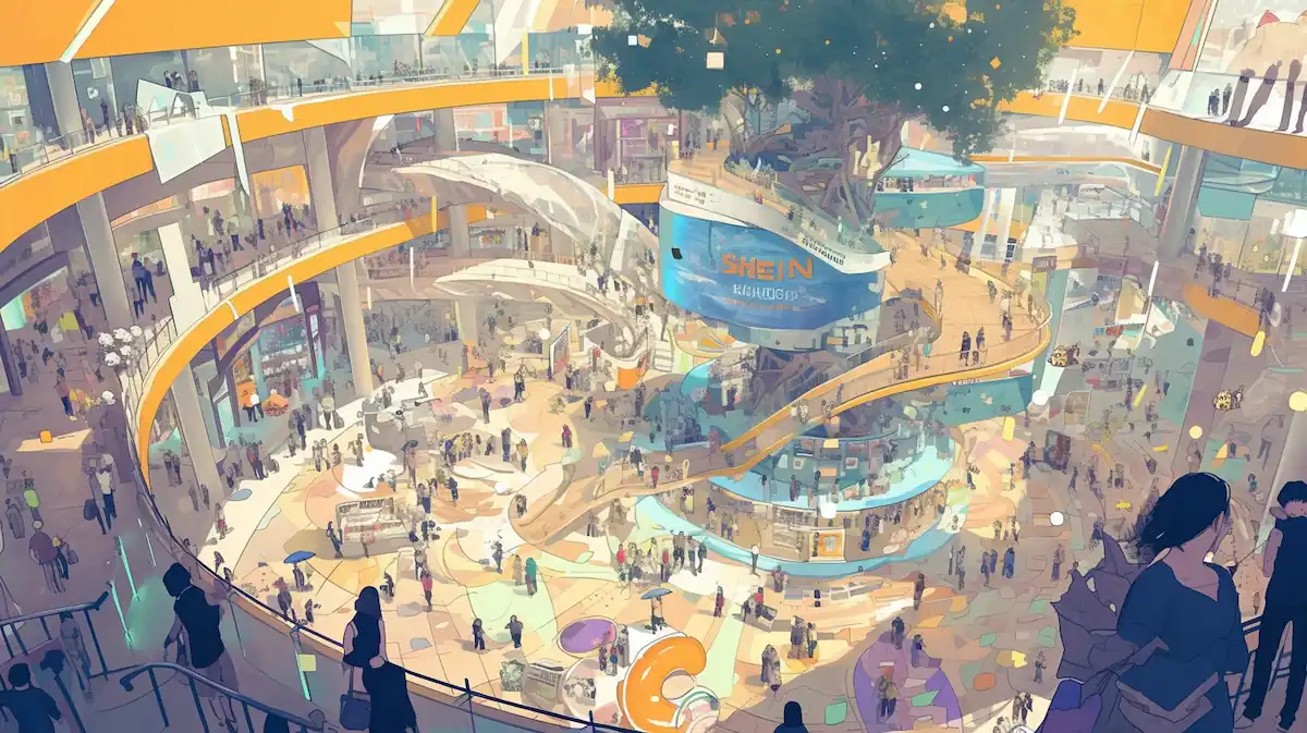 Expansive shopping plaza scene for Shein daily deals