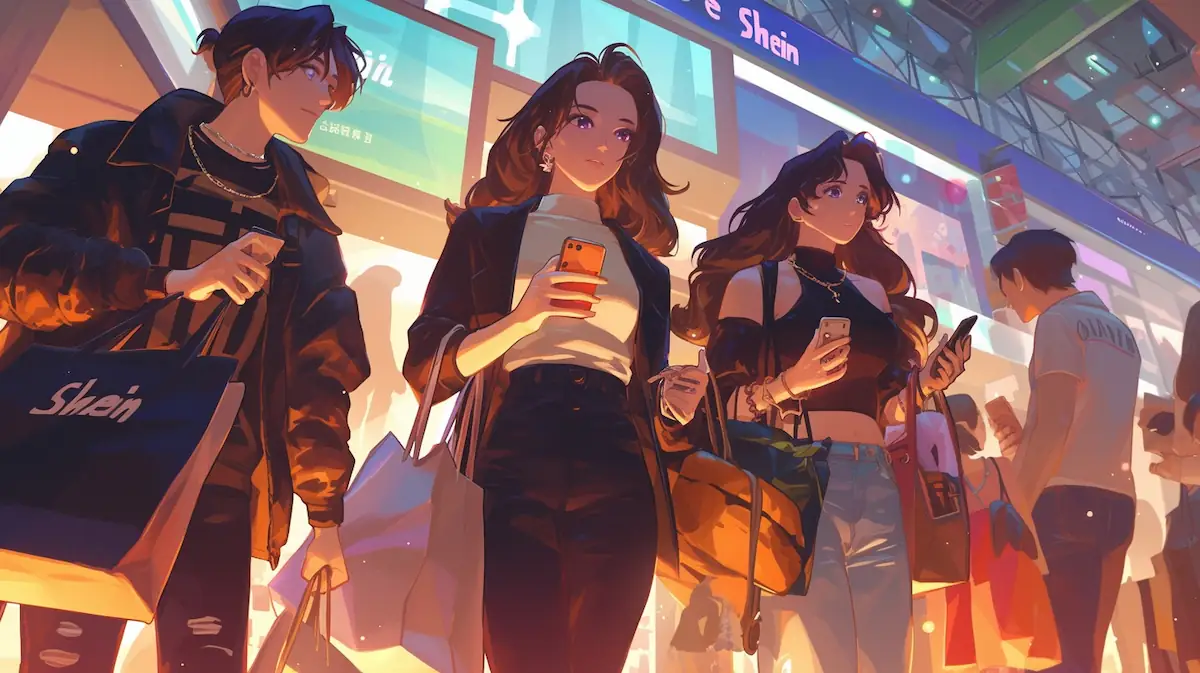 Busy mall scene with shoppers using Shein reference codes