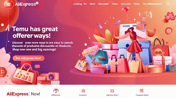 AliExpress coupon promotion with bold title, fashion and tech icons, and a save button for discounts