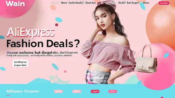 AliExpress promotion offering fashion deals with soft background, fashion icons, and a coupon button