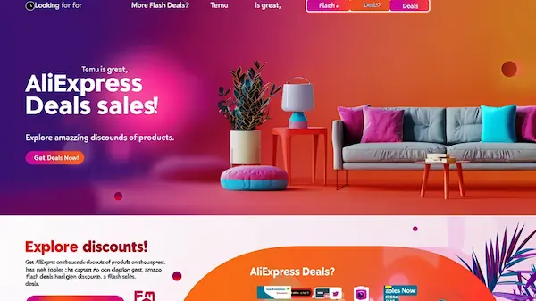 AliExpress flash deals block with bold text, vibrant colors, and product icons for fashion and electronics