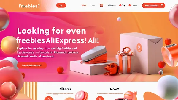 AliExpress freebies promotion with bold title, fashion, tech, and home goods icons, and a freebie button