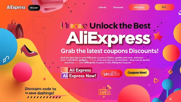 AliExpress promoting discounts on fashion, tech, and home goods with bold red and orange tones and a large coupon button