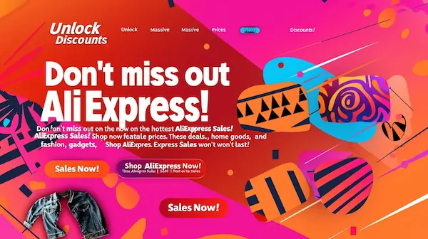 AliExpress sales promotion with bold title, vibrant colors, and icons for fashion, tech, and home goods