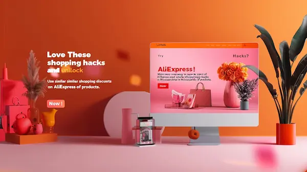 AliExpress shopping hacks block with bold text, product icons for fashion and tech, and a shop button