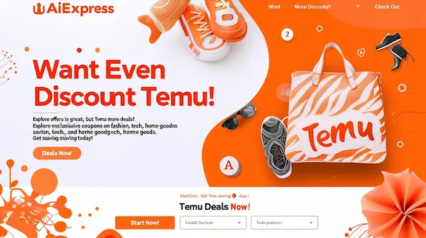 Temu block with bold text, vibrant orange and white background, and icons for fashion, tech, and home goods, highlighting exclusive deals
