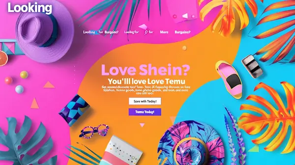 Temu promotion with bold text, fashion and home goods icons, and a vibrant button to save today