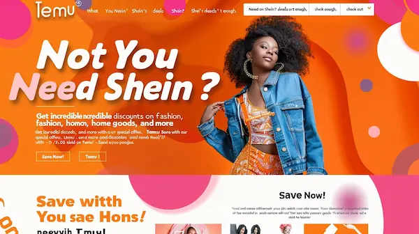 Temu promotion with bold title, icons for fashion and home goods, and a vibrant button for savings