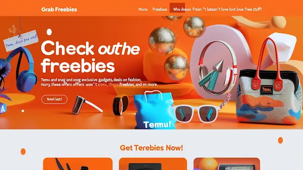 Temu freebies promotion with bold title, vibrant colors, fashion and gadget icons, and a freebie button