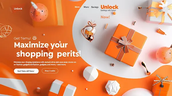 Temu promotion with bold text, icons for fashion and gadgets, vibrant background, and a call-to-action button