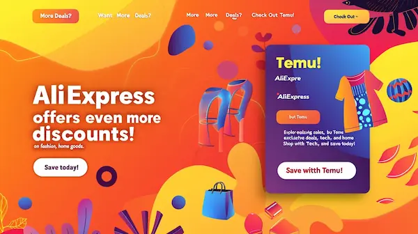 Temu promotion for exclusive discounts on fashion, tech, and home goods, with vibrant colors and a save button