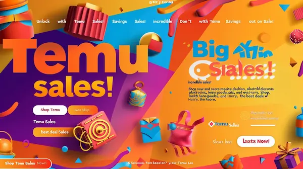 Temu sales promotion with bold title, vibrant colors, and icons for fashion, electronics, and home goods