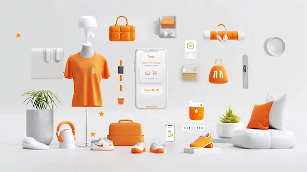 Temu promotion featuring fashion, gadgets, and home goods with vibrant orange and white colors