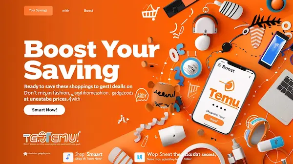 Temu shopping hacks promotion with bold title, icons for fashion and home goods, and a shop button