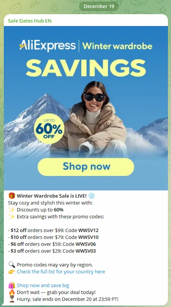 This is a real example of what you’ll receive – verified promo codes, early sale alerts, and savings tips, all sent directly to your messenger. This is a real example of what you’ll receive – verified promo codes, early sale alerts, and savings tips, all sent directly to your messenger.