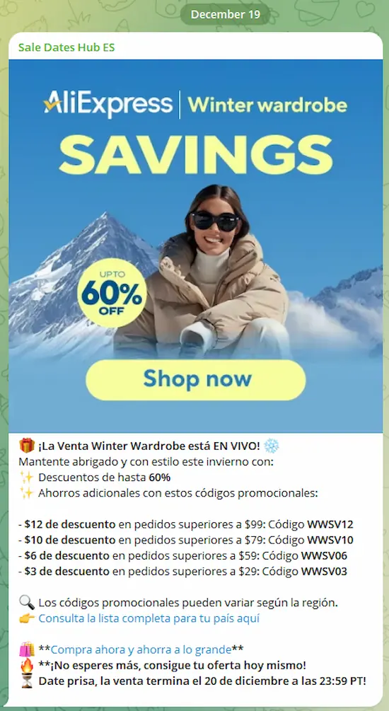 Este es un ejemplo real de lo que recibirás: códigos promocionales verificados, alertas anticipadas de ventas y consejos de ahorro, todo enviado directamente a tu mensajero. Este es un ejemplo real de lo que recibirás: códigos promocionales verificados, alertas anticipadas de ventas y consejos de ahorro, todo enviado directamente a tu mensajero.