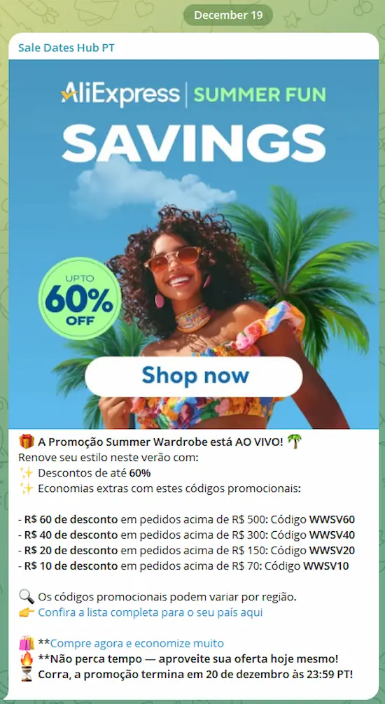 Este é um exemplo real do que você receberá: códigos promocionais verificados, alertas antecipados de promoções e dicas de economia, tudo enviado diretamente para o seu mensageiro. Este é um exemplo real do que você receberá: códigos promocionais verificados, alertas antecipados de promoções e dicas de economia, tudo enviado diretamente para o seu mensageiro.