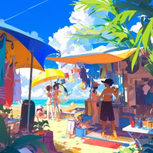 Lively beach market scene for Summer Sale at AliExpress